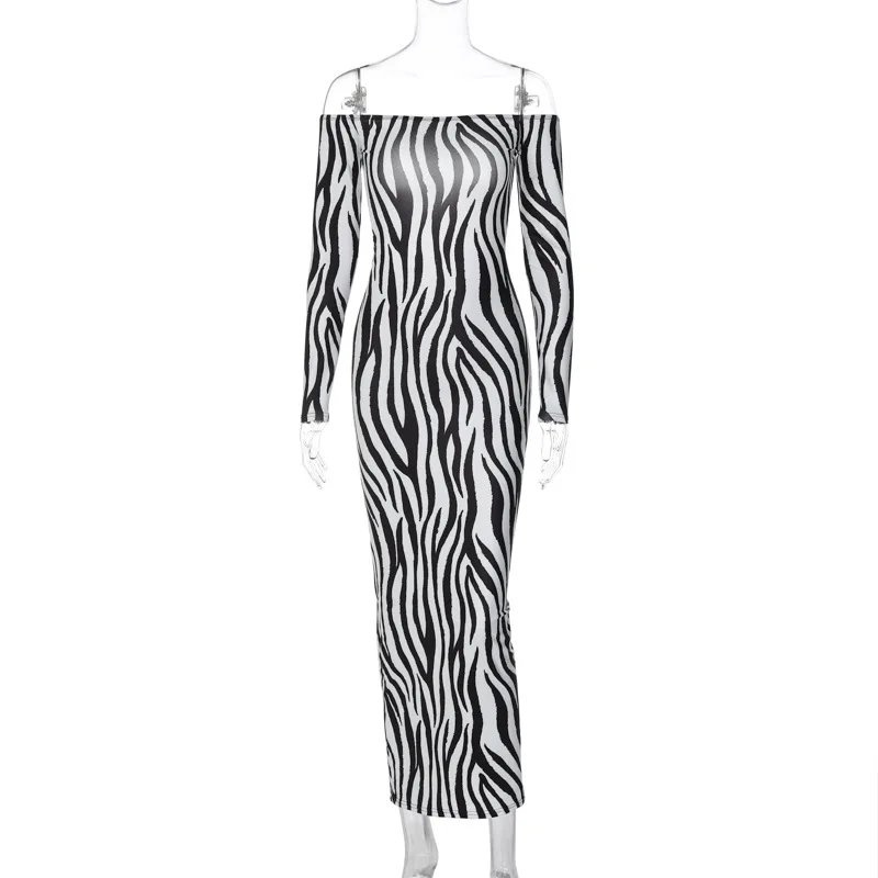 B27461 quality long sleeve maxi zebra backless off shoulder bandage sexy women long dress