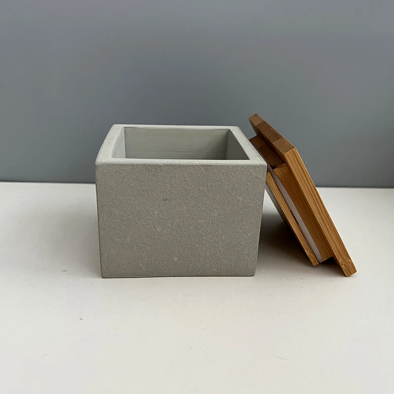 Square Matte Concrete Candle Vessel with Sealed Bamboo Lid