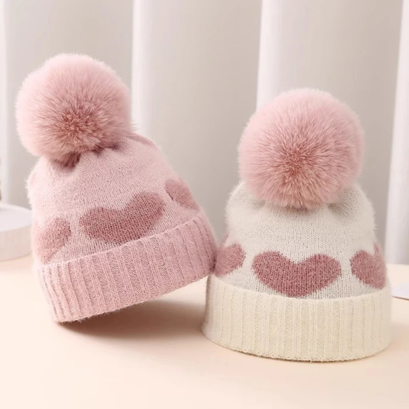 Autumn Winter Fur Pompom Baby Hat Heart Printed Knitting Infant Beanie Cap Toddler Warm Girls Boys Hats