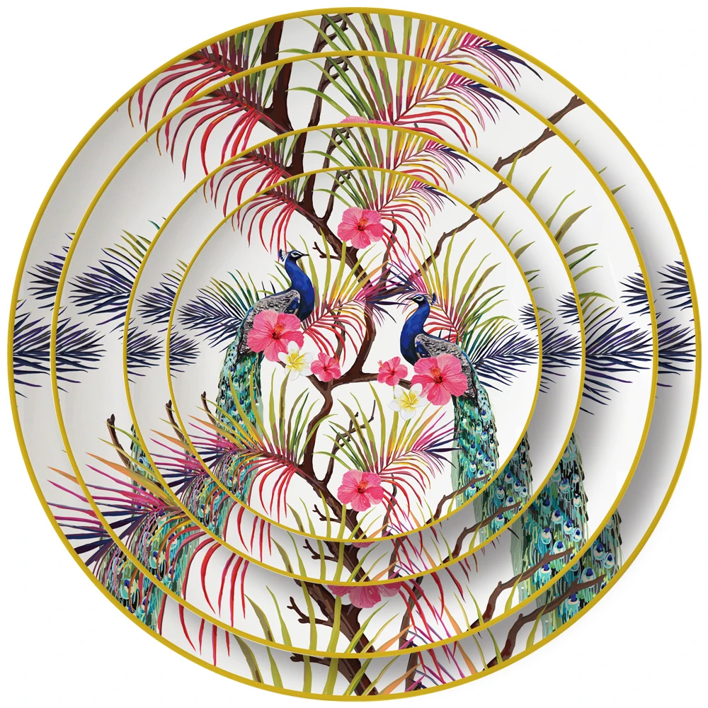 Wedding Restaurant Party Decorative Gold Rim Green Color Dishware Tableware Porcelain Ceramic Charger Dinner Bone China Plates