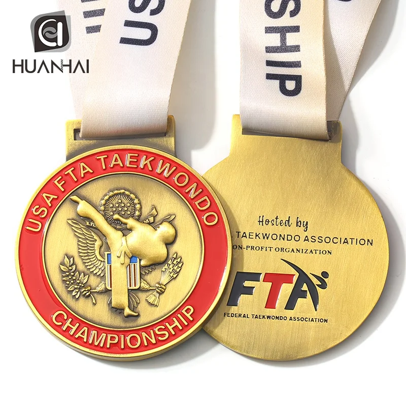 custom antique gold metal 3D enamel logo USA world taekwondo federation medals