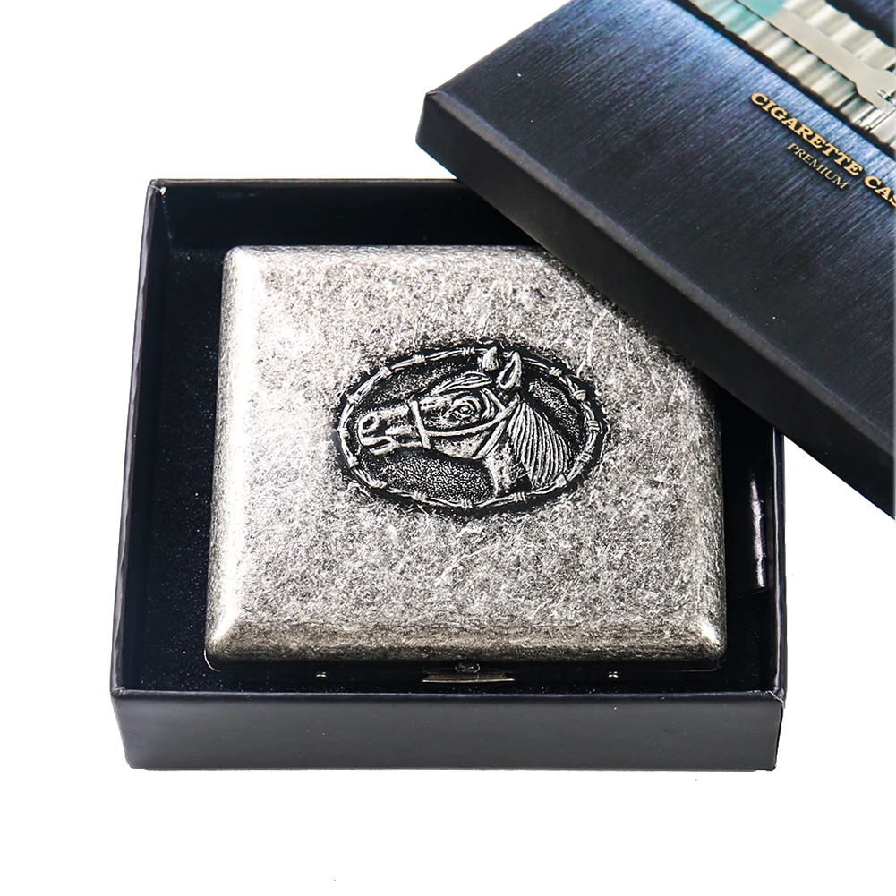 High quality vintage cigarette case laser engraving horse design portable stainless steel dust proof cigarette case