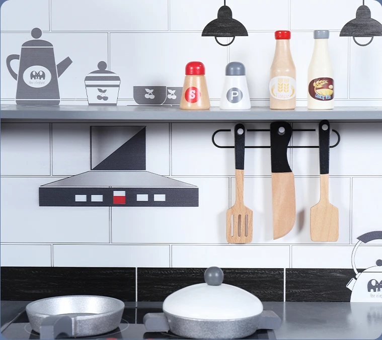Wholesale Wooden black and white refrigerator kitchen toy pretend play house cooking game Life Experience Toys