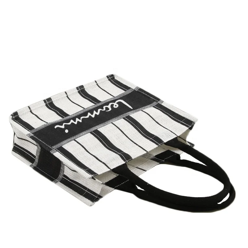 Laminated customized striped printed burlap jute fabric women shopping tote bags