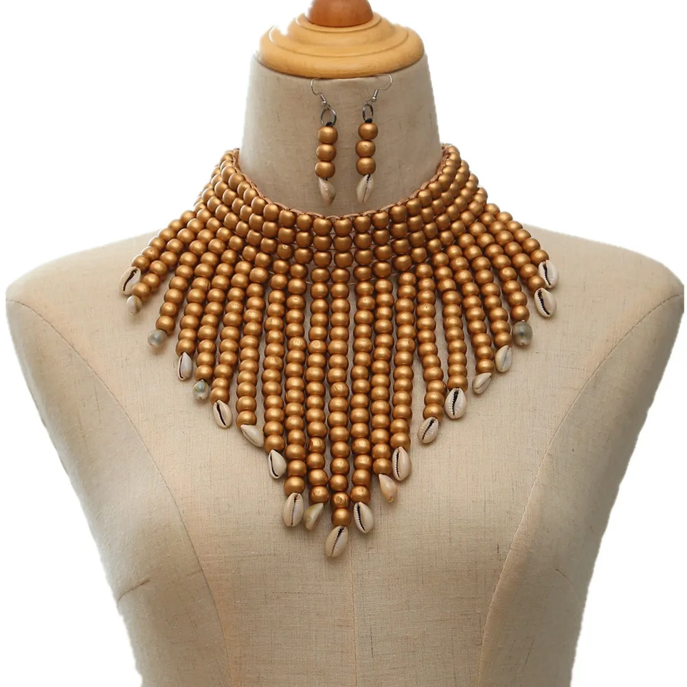 african minority style necklace wooden beaded shell jewelry choker modern fashion  shinny beaded colorful set jewelry for women