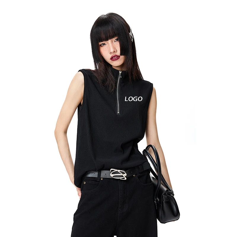 customized Your logo High Quality designer fashion front Zipper  Cotton Top Ribbed Knit Womens black Sleeveless vest