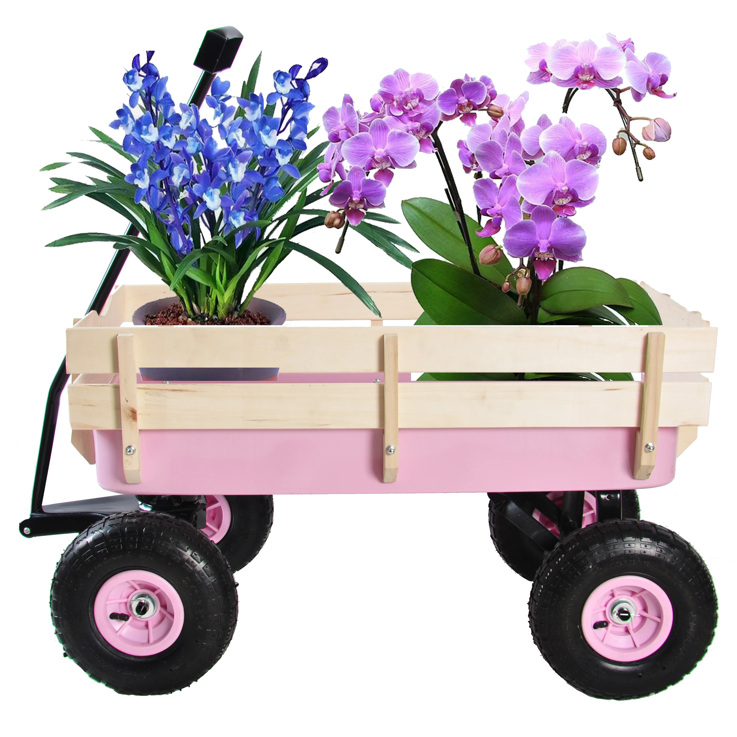 Outdoor cart with wood railing, all-terrain pneumatic wheels, rotatable handle.