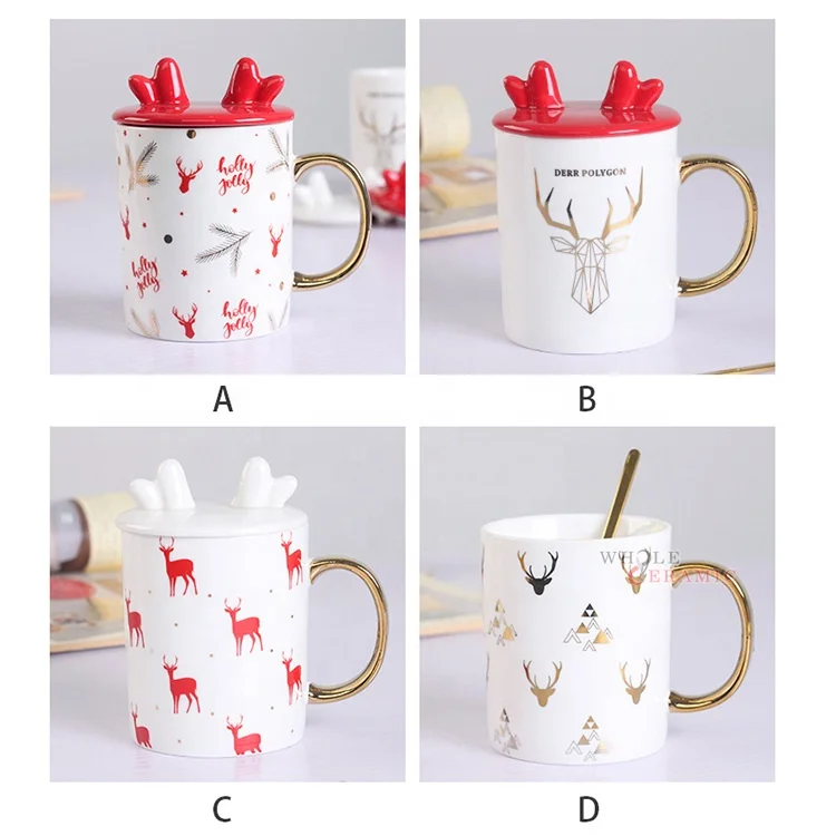 A Grade Novel Christmas Gift Gold Handle 3D Ceramic Coffee Mug with Lid and Spoon Custom Cup Small MOQ Manufacturer