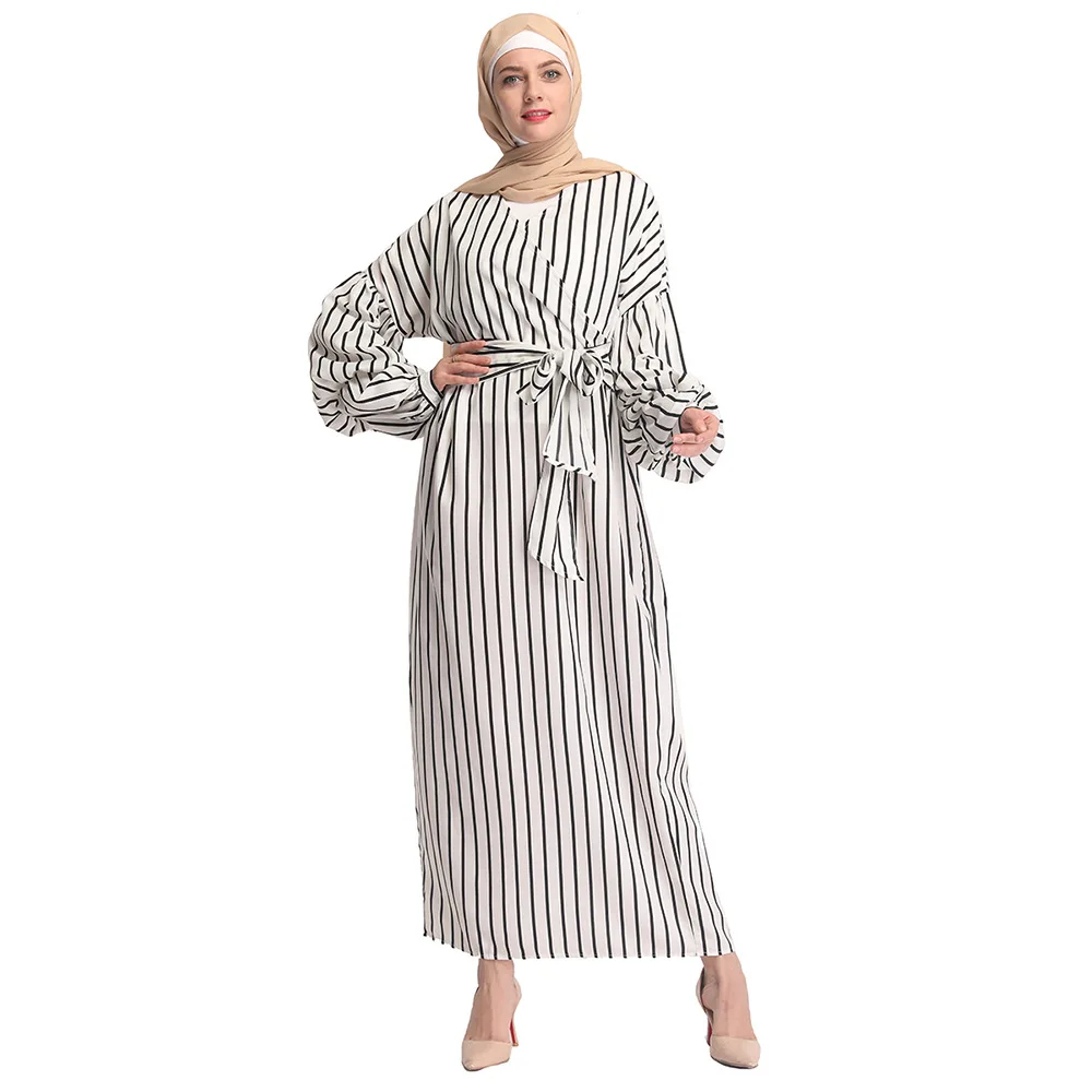 Мусульманское Полосатое платье на шнуровке с пышными рукавами, длинное платье с эластичными манжетами, Полосатое Платье на шнуровке