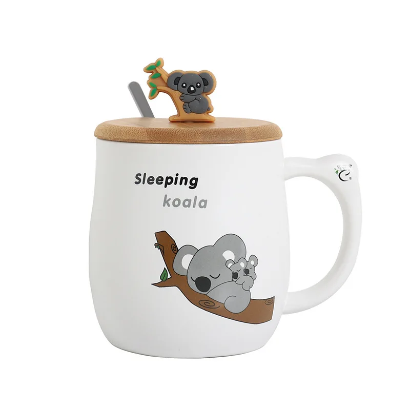450ml Cute Koala Pattern Coffee Ceramic Mug with Wooden Lid and Spoon Couple Mug Milk Breakfast Ceramic Coffee Cup and Mugs