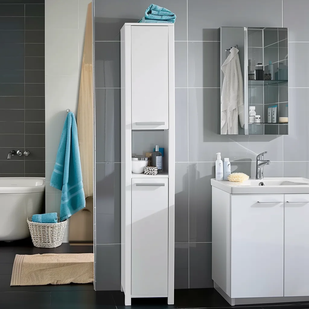Modern Bathroom Storage Cabinet Tall Floor Standing Unit with 2 Doors 1 Compartment 1 Drawer High Gloss Front for Hotels