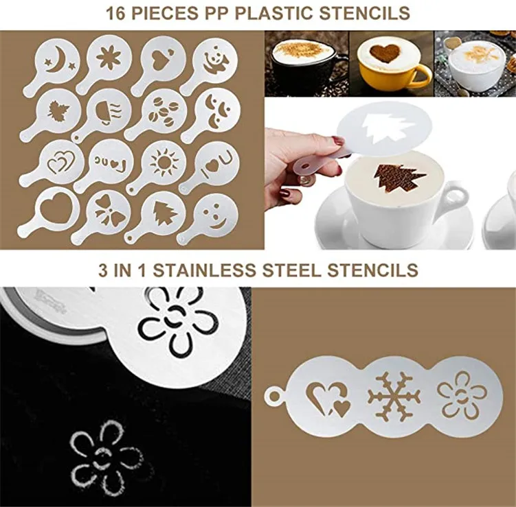 Milk Frother Handheld Coffee Art Set with Pitcher Powder Cocoa Shaker Latte Art Pen Coffee tea Stencils Coffee Spoons