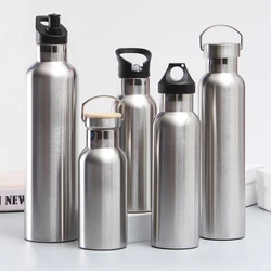 Sport Water Bottles With Seal Bamboo Lid 500ml 750ml Wide Mouth Stainless Steel Double Walled Vacuum Flask Insulated waterbottle