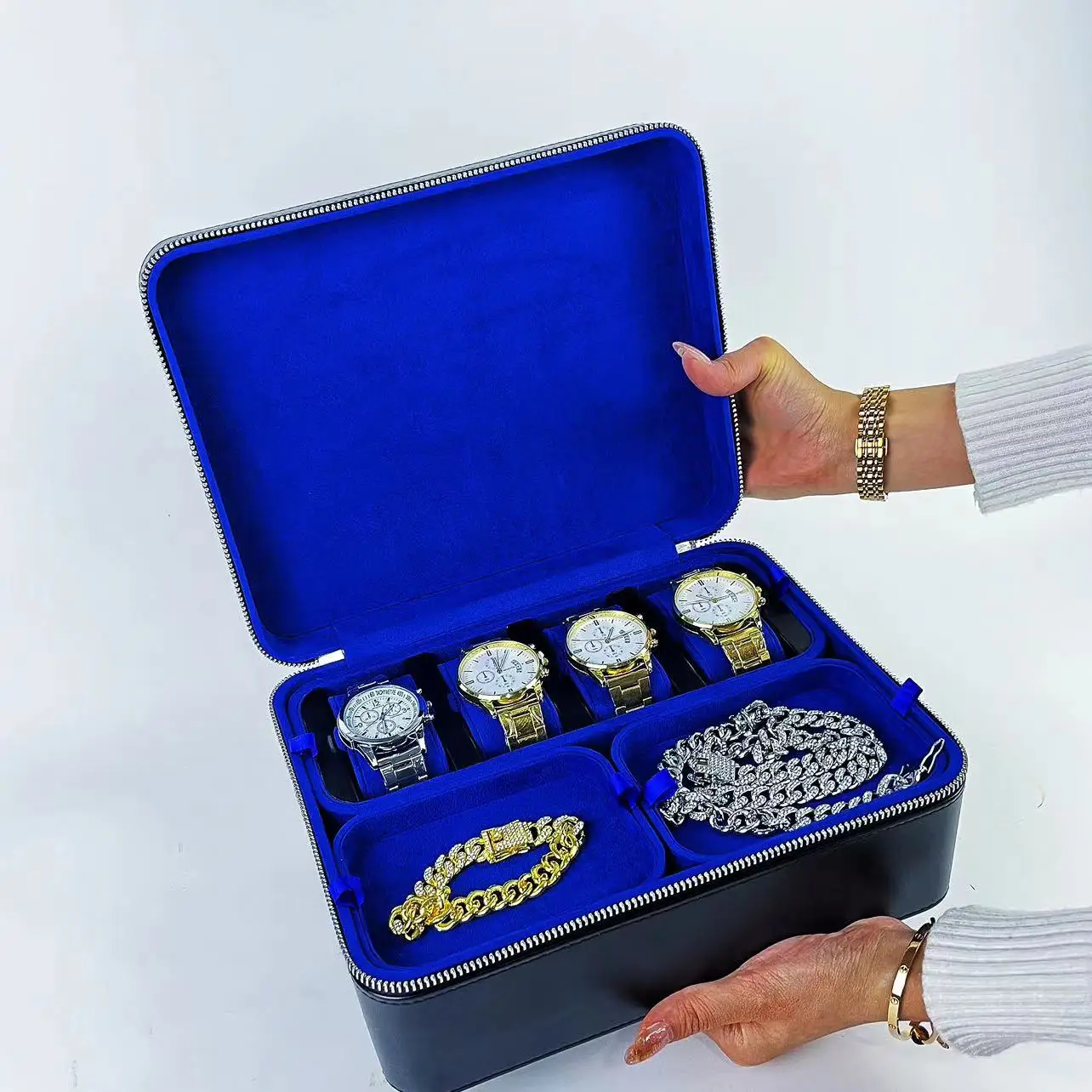 FORTE Travel Leather Storage Jewelry Box Organizer Leather Watch Jewelry Storage Box With Double Two-Layer Drawer With Zipper