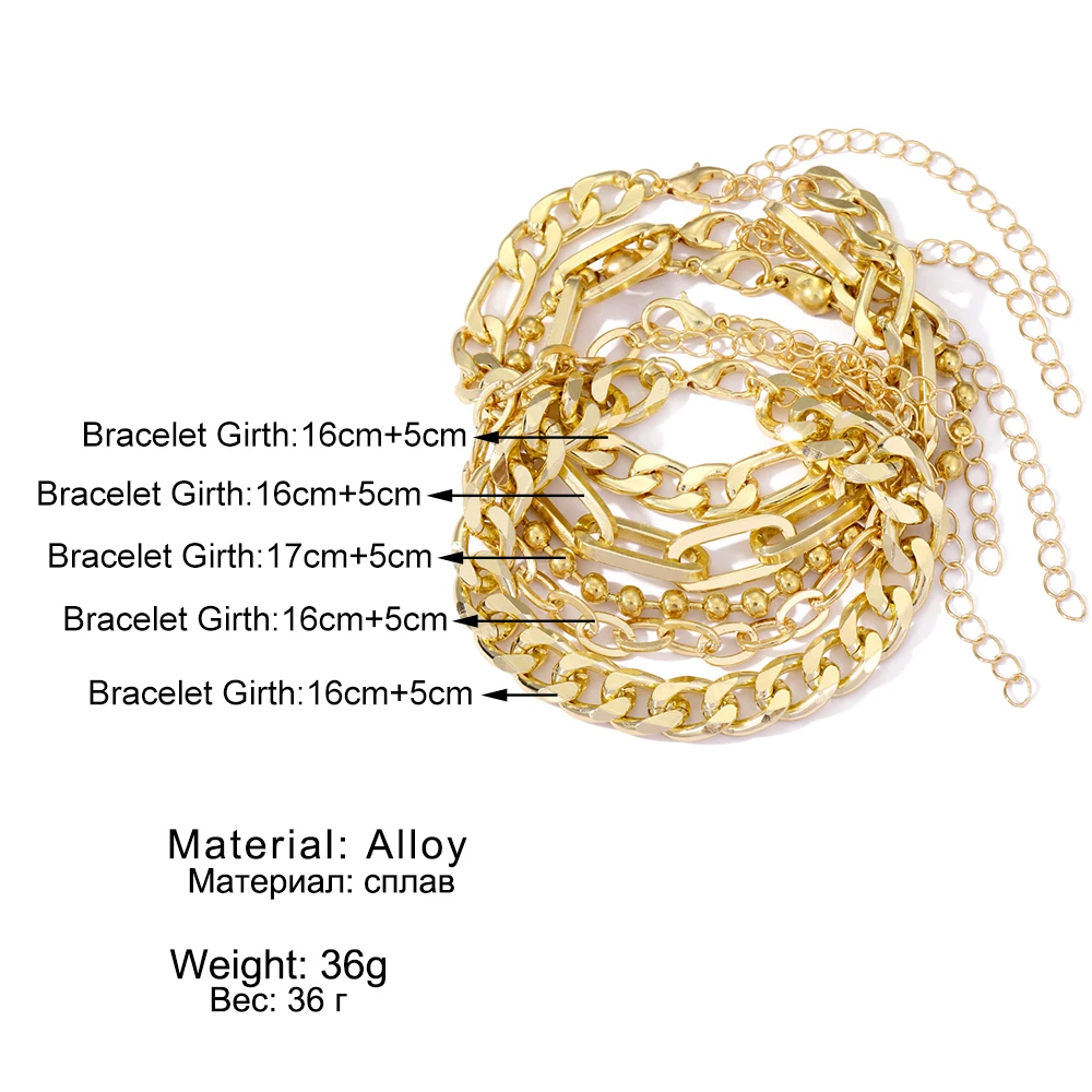 5pcs/set Fashion Gold plated Chain Link Bracelet Chunky Creative Stacked  Thick Multi-layer Bracelet For Women Jewelry Set