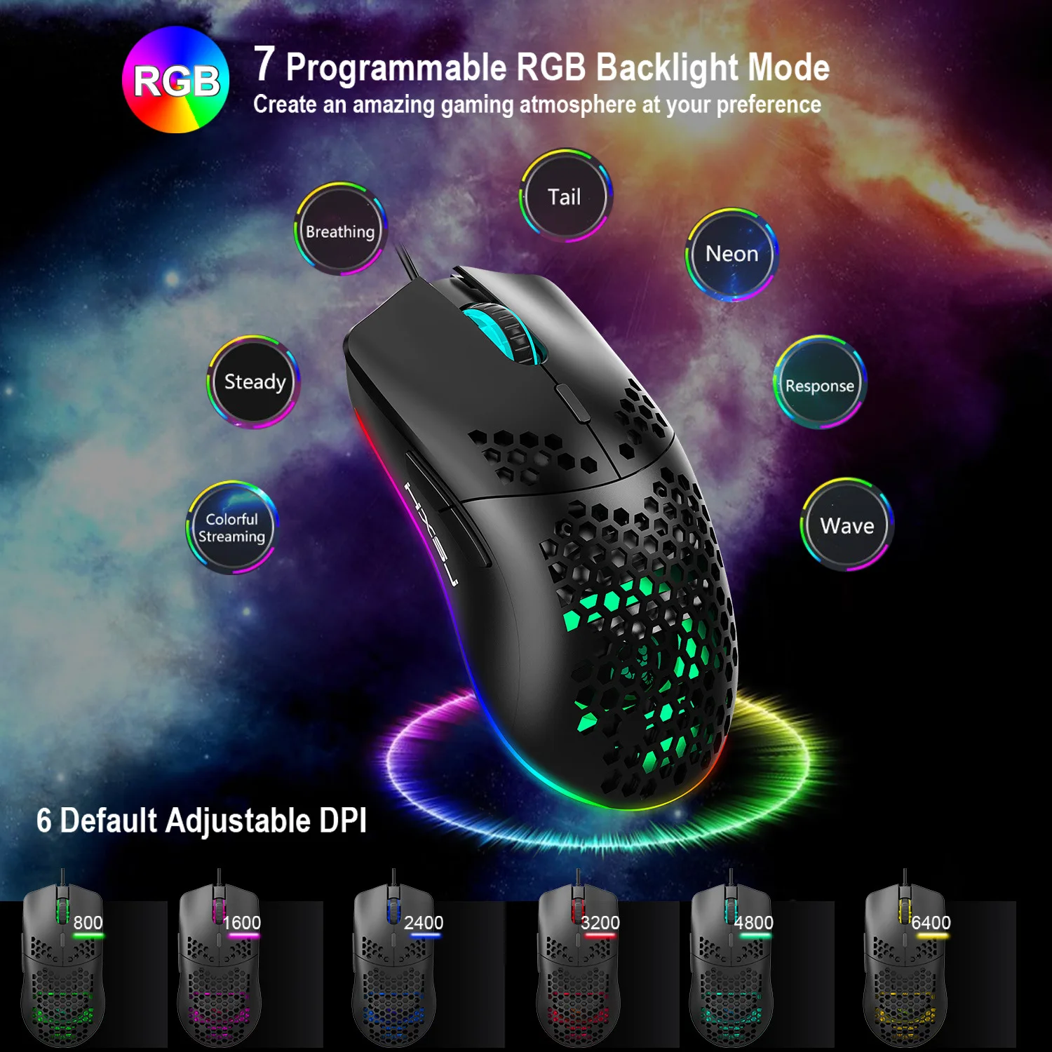  Проводная игровая мышь HXSJ J900 с подсветкой RGB геймерские мыши шестью регулируемыми точек на дюйм полая эргономичной конструкцией в виде