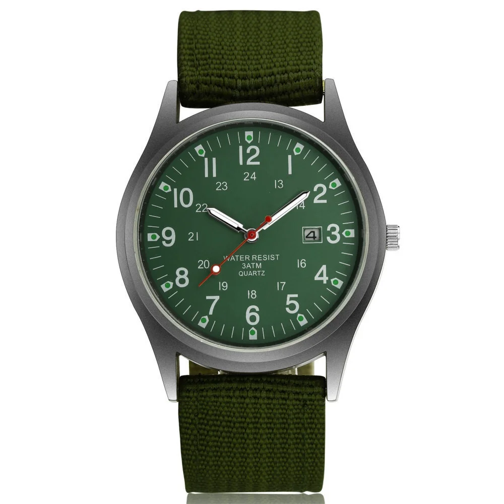 Green Dial Luminous 3ATM Mens Glow Clock Wrist Watch Date Sport Analog Quartz Watch military watch