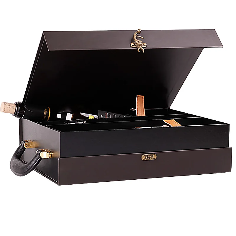 simple red wine bottle pack leather box magnetic paperboard 2 bottle black leather wine box for packing