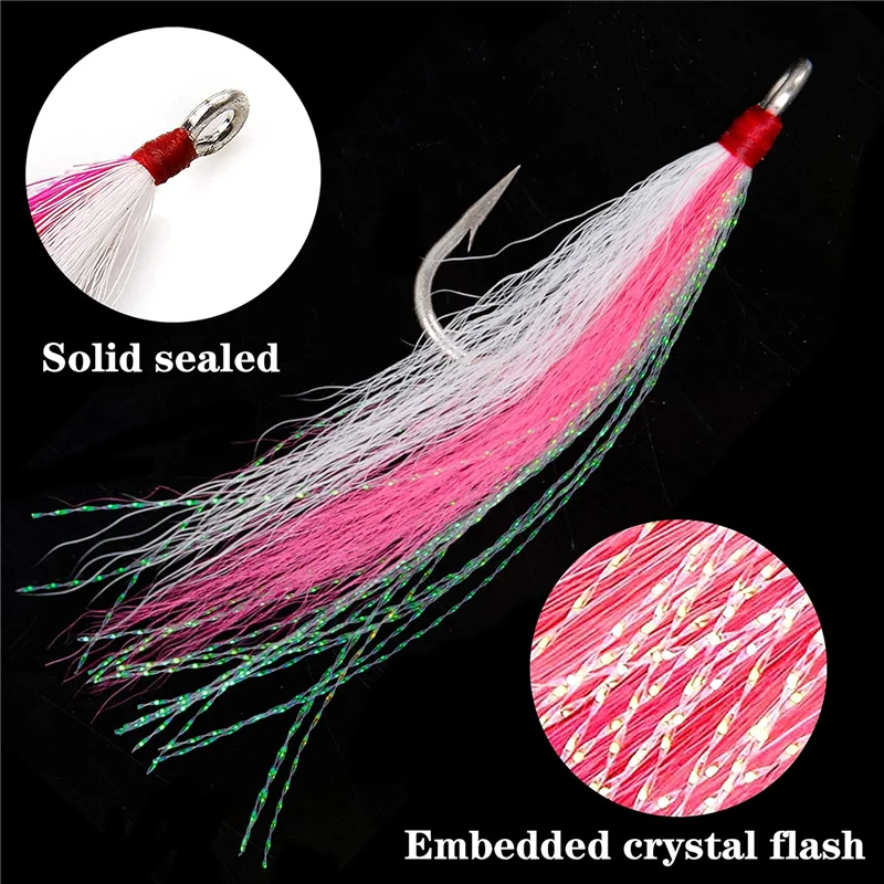 Bucktail Teasers Fishing Hook Saltwater Fishing Plugs Lures Teaser Tail Fluke Rig Super Strong Hooks 10pcs/bag
