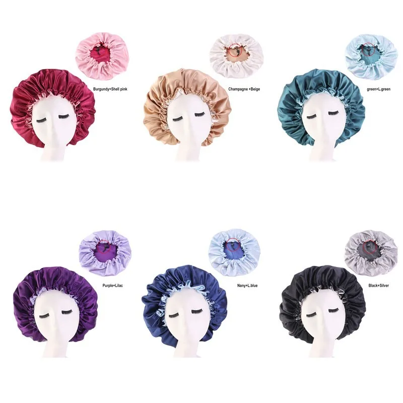  Women Night Sleep hats silk Satin Elastic Bonnet For Hair Care Adjustable Double Layer custom