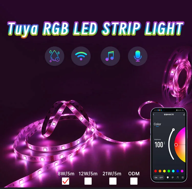 roll/5m 8W Smart LED Strip lighting  RGB+CCT 12V app control wifi tuya IP65 waterproof 3M glue CE sound control 40000h