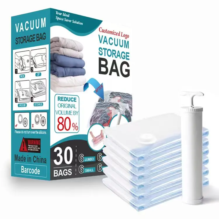 6 Pack Transparent Household Jumbo cube 80micron vacuum compression storage bags with hand pump for comforters and blankets