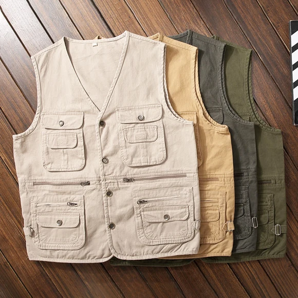 100% Cotton Multi Pockets Cargoes Fisherman Utility Vest Waistcoat for Fishing Hiking Journalist Photography Camping