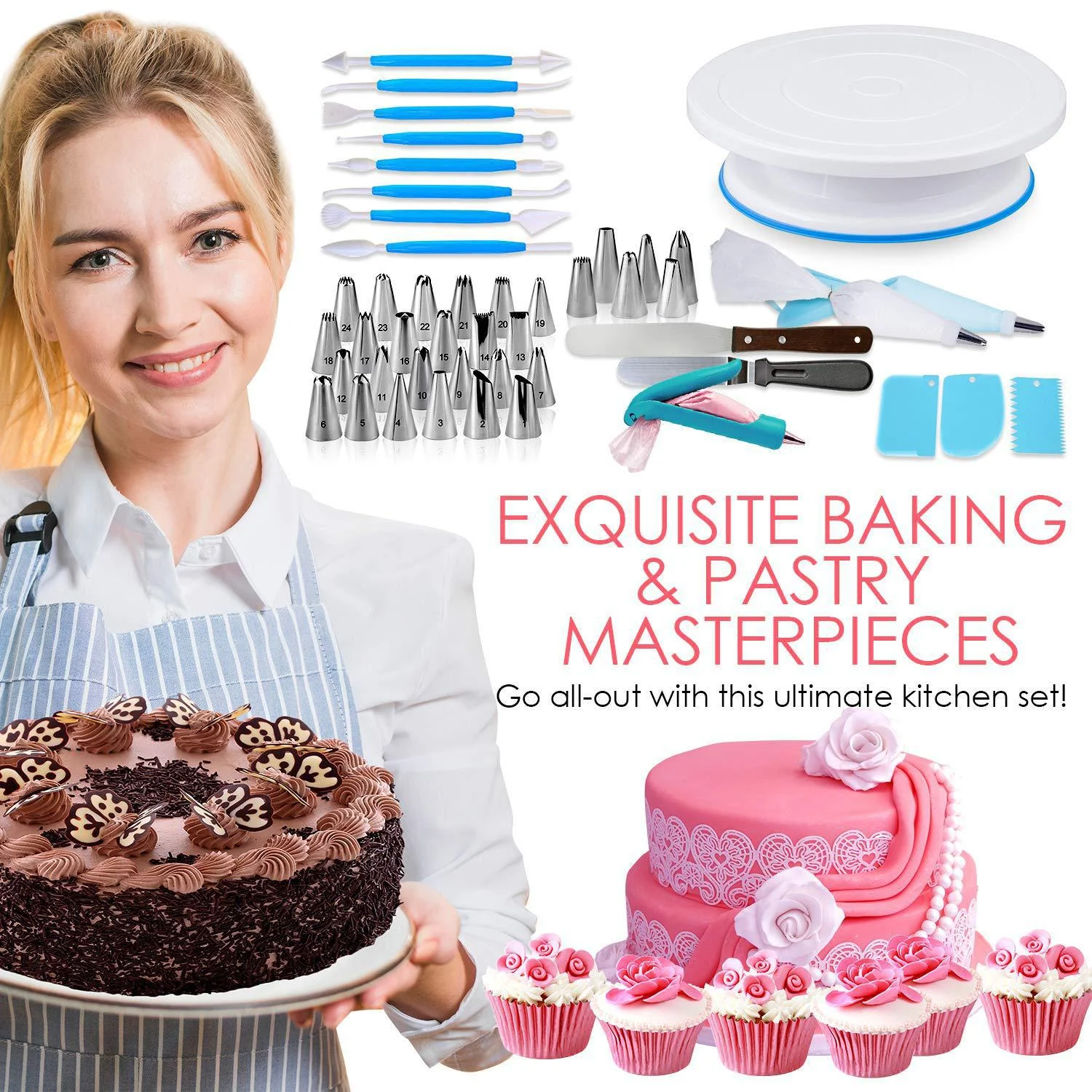207pcs/set Cake Turntable Set Multifunction Cake Decorating Kit Pastry Tube Fondant Tool Party Kitchen Dessert Baking Supplies