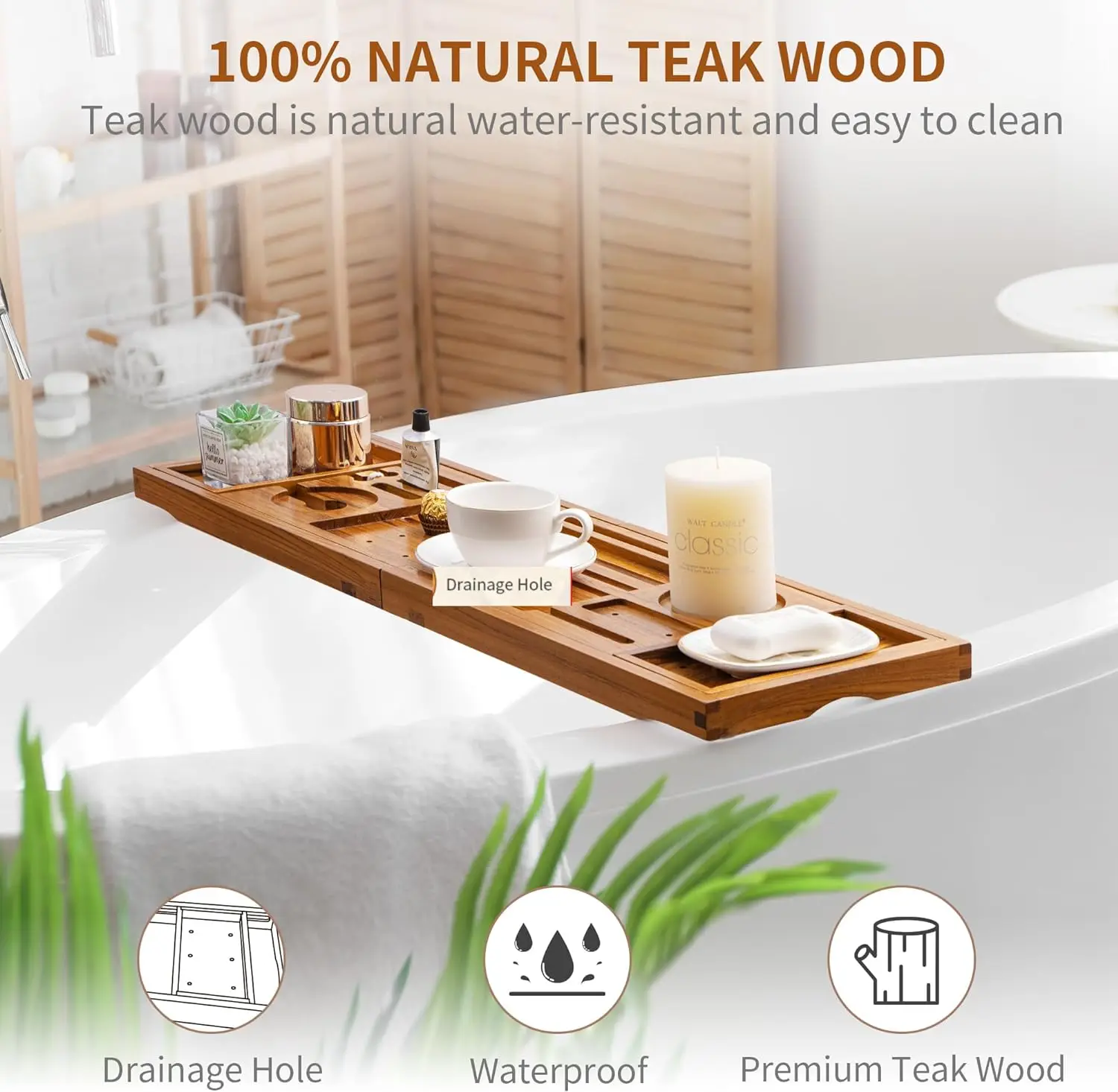 Teak Bathtub Tray Bathtub Caddy for Luxury Bath Foldable Bath Tray Bath Tub Accessories with Extendable Handles Wine Glass