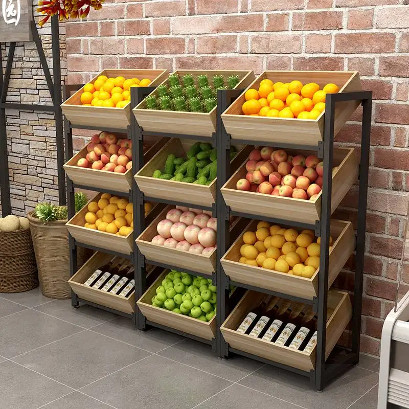 Meicheng Shop Racks Wooden Vegetable Stand Supermarket Steel Wood Fruit Vegetable Display Stand