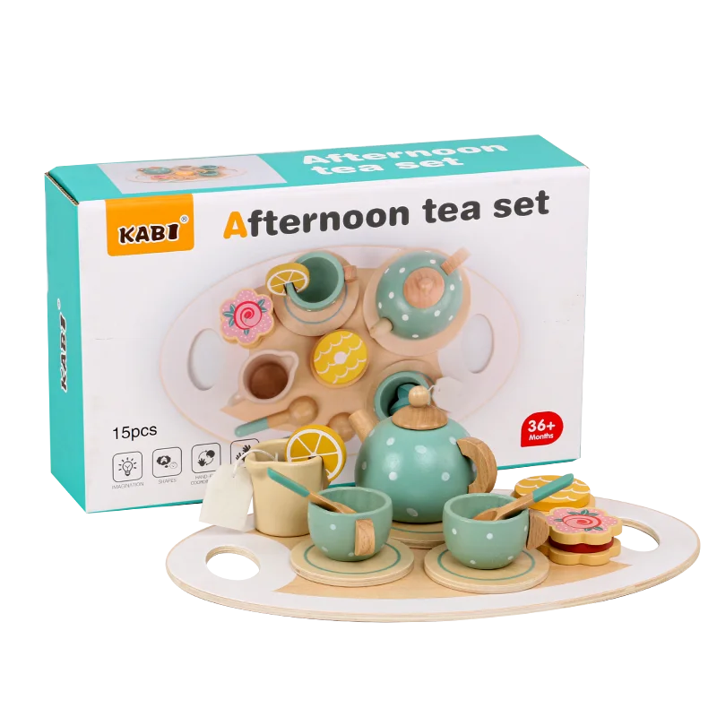 Pretend Play Preschool Wooden Kids Toys Tableware Play Set Afternoon Tea Dessert Cake Sales Tea Pot Cup Wooden Tea Set