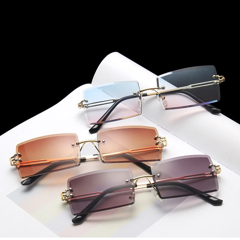 Super Hot Eyewear Rimless Small Square Gradient Candy Color Glasses Rectangle Shades Cutting Lens Ladies Women Sunglasses