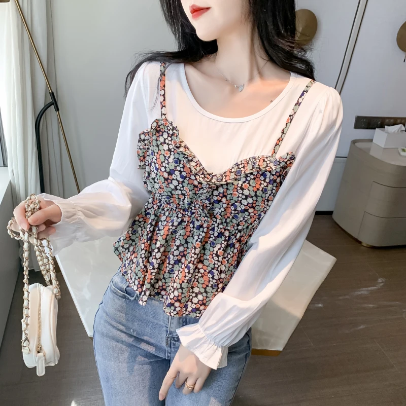 
Chiffon Blouse Elegant O Neck Women Bubble Long Sleeve patchwork Blouse Korean Fashion Ladies Sweet Floral Peplum Blouse 
