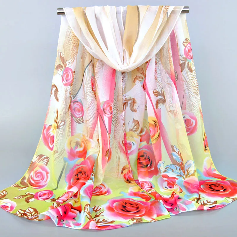 Custom Muslim Chiffon Rose Flower Printed Head Scarf Acrylic Polyester Hijab Scarves Shawls Scarf For Women
