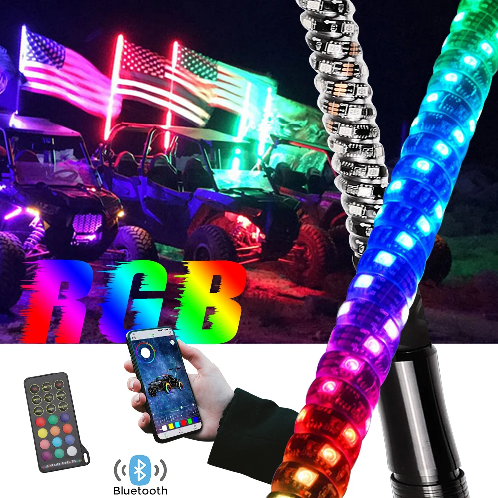 3ft 4ft 5ft 6ft Bluetooh App Remote Control Safety Whip RGB Sprial ATV LED Whip Light, Antennas Flag Light for ATV UTV