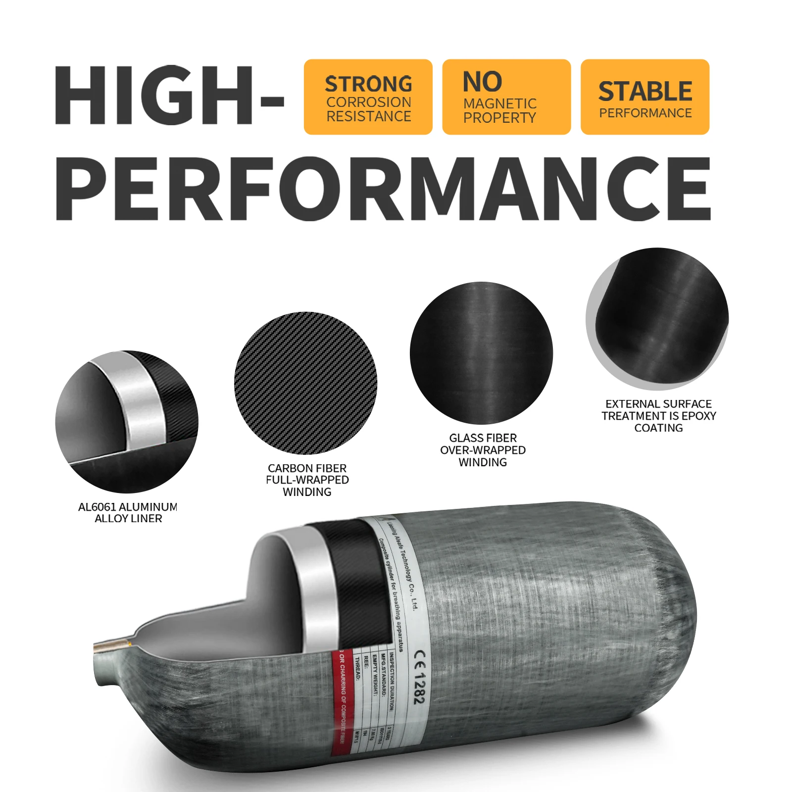 TUXING Long-Term Use Durable Customizable 300bar 30Mpa 4500psi 12Liters Big Capacity PCP Carbon Fiber Cylinder For Scuba Diving