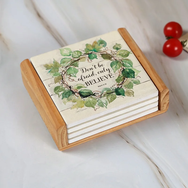 Wholesale customization square marble absorbent ceramic coasters for drinks cup mat in wooden holder