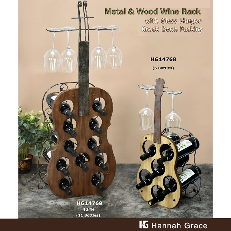 Cello Shape 11 Bottles Decorative Metal Wine Glass Rack Wooden Wine Bottle Holder Wine Display Rack