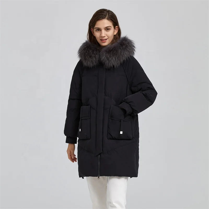 Luxury fox fur hooded warm women plus size winter coat long goose down jacket