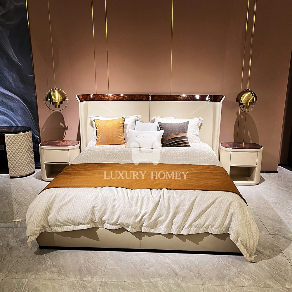 Italian High-end luxury designer fashion natural wood veneer queen size bedroom furniture set luxury bedroom sets