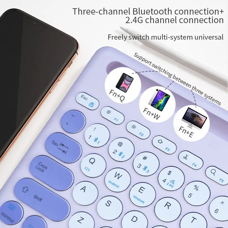 Rechargeable Three Bt Wireless keyboard 78 Keys Retro Round Keycaps Keyboard suitable