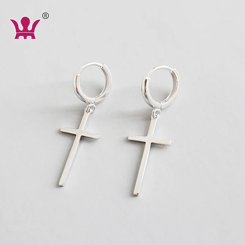 925 Sterling Silver Cross Huggie Hoop Earrings Minimalist Cross Charm Dangle Drop Earrings Dainty Cross Hoop Earrings Women Men