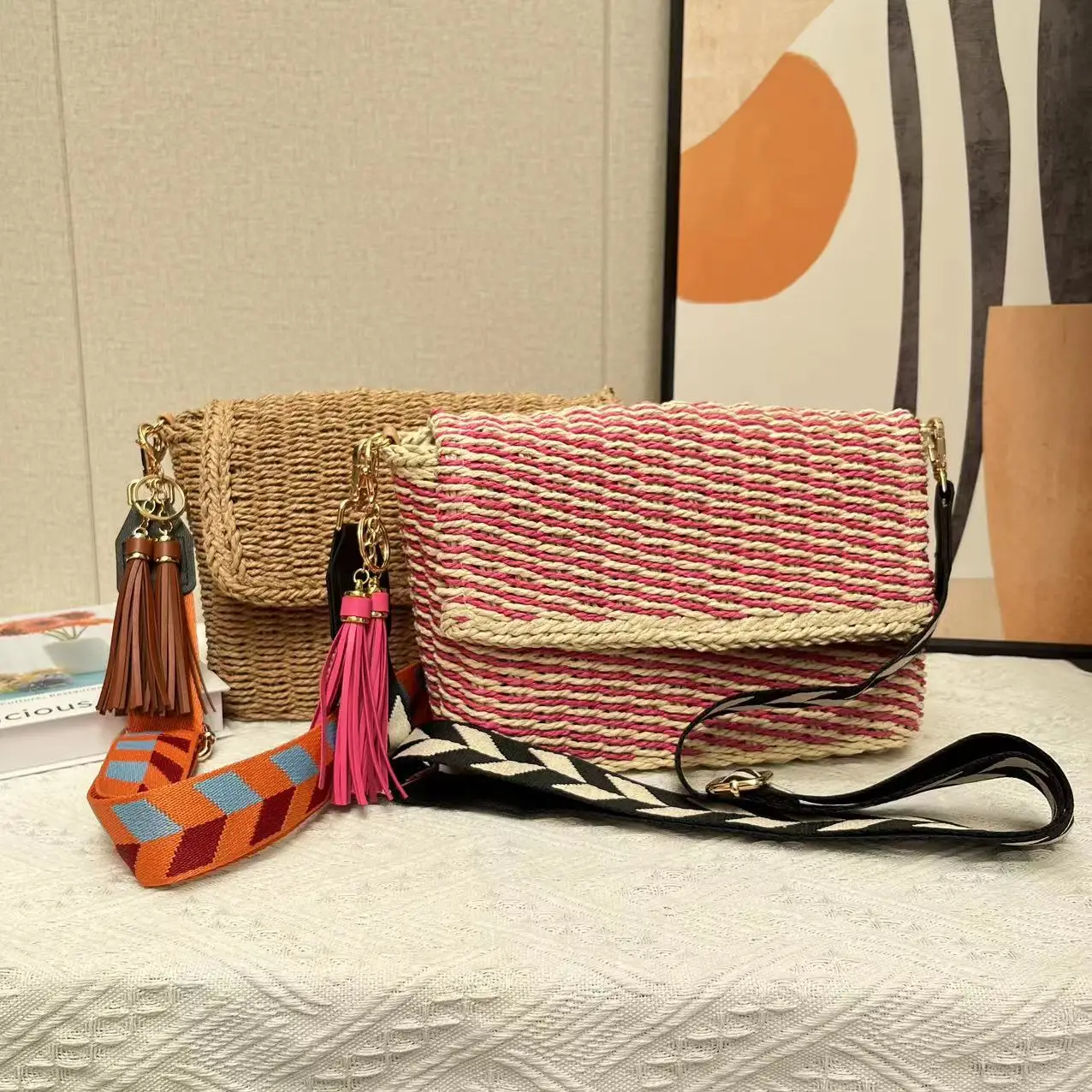 summer pink paper straw woven bag beach shoulder tote women basket handbag clutch purse