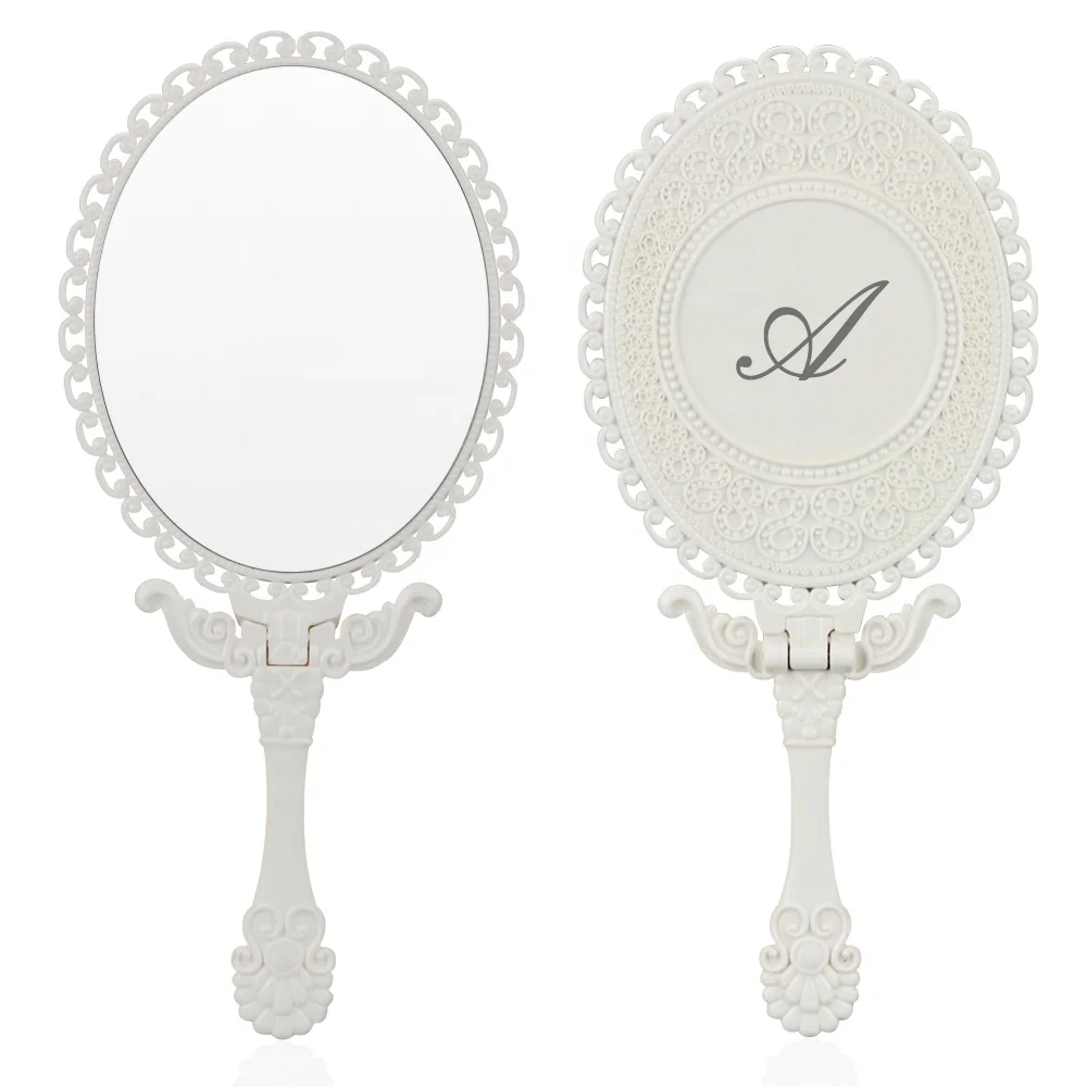 Custom Logo Portable Luxury Oval Retro Hand Mirror Mini Plastic Hand Held Cosmetic Mirrors For Women Lady