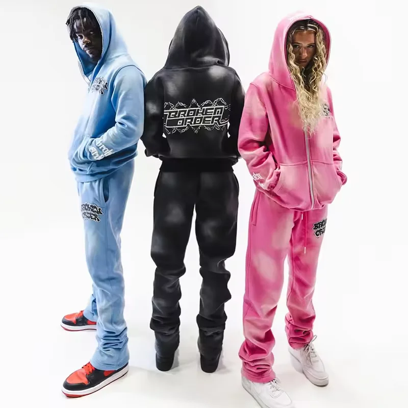 Custom Chenille Embroidery 3D Puff Printing Full Zip Up Hoodie Set Sweatsuit Cotton Sun Faded Towel Embroidery Unisex Tracksuit