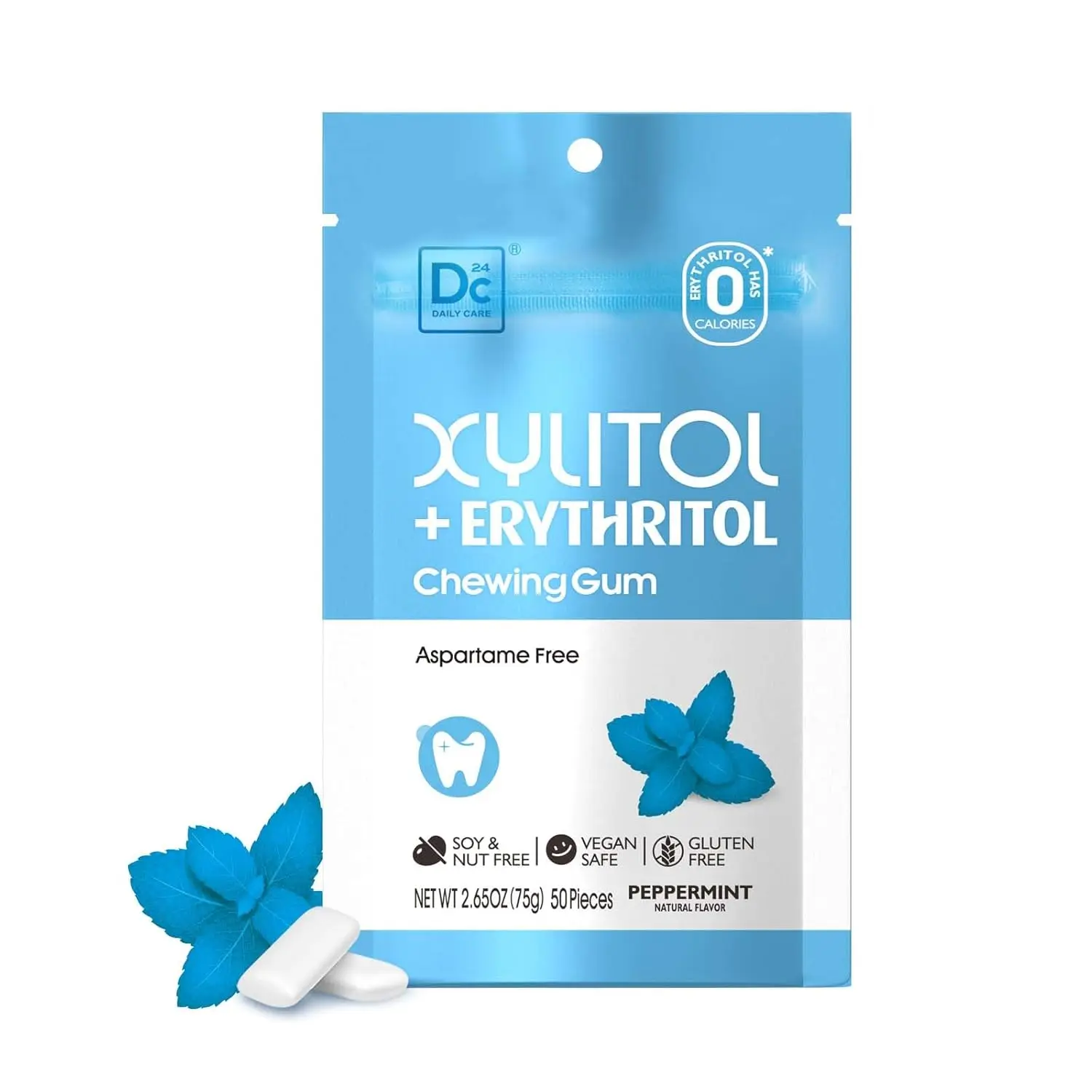 Dc24 Daily Care Erythritol Xylitol Sugar Free Vegan 75g One Pouch Peppermint Chewing Gum