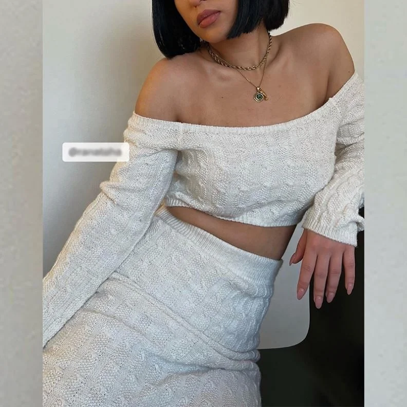 2022 Wholesale Two Piece Set Ladies Skirts Off Shoulder Crop Tops Midi Skirt 2 Women Sweater Fleece Knitted Autumn Suit