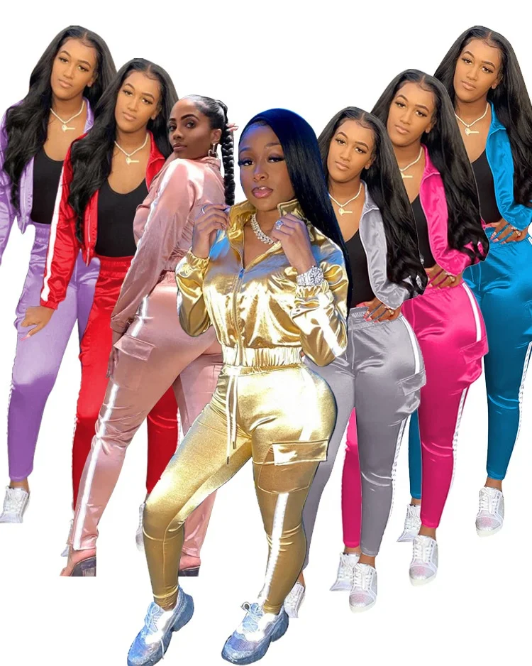 YD New arrival ladies tracksuit satin pocket joggers set women two pieces gym workout outfits women tracksuits