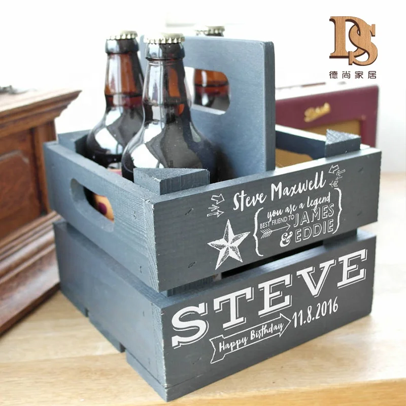 Деревянный винный ящик в деревенском стиле, 4 бутылки, синяя картина, персонализированный мужской подарок на день рождения, деревянный держатель для пива