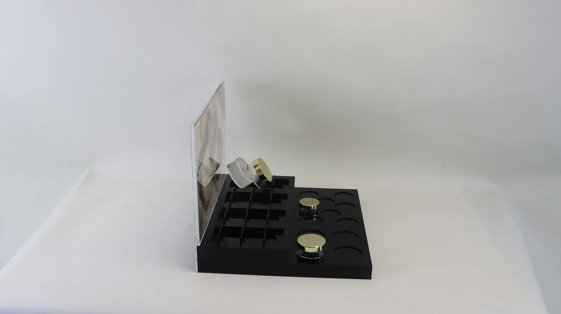 Custom acrylic countertop skin care beauty powder makeup display stand with AD insert